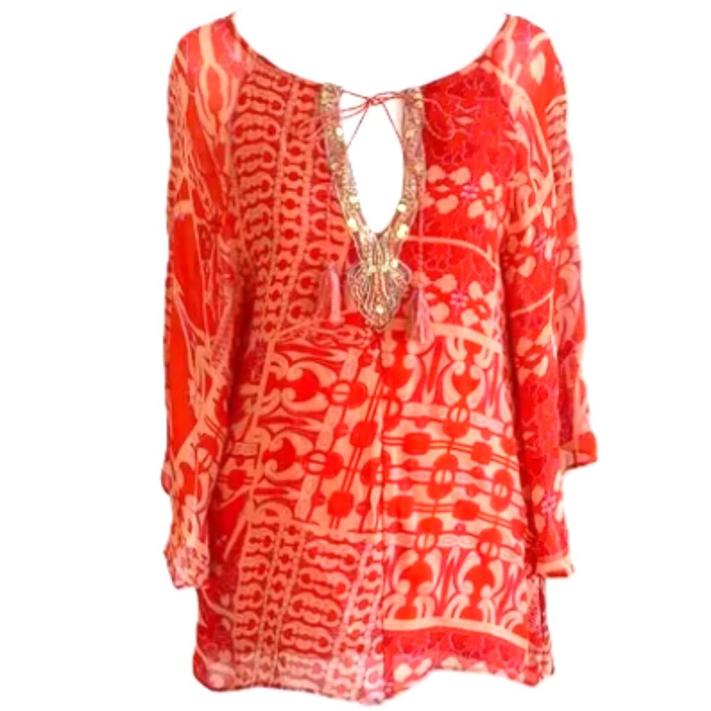 Sanctuary Boho Patchwork Embellished Kimono Sleeve Top, Size Medium